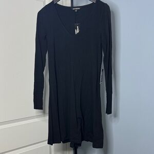 Express Black V-Neck Long Sleeve Fit-and-Flare Dress